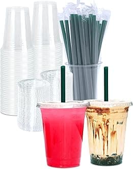 16 oz Clear Plastic Cups with Lids and STRAWS, Disposable Drinking Cups for Cold Drinks, Iced Coffee, Milkshakes, Smoothies, 25 Sets
