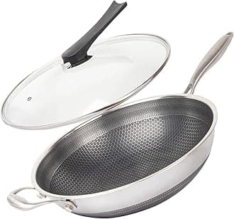 13'' 316L Stainless Steel Stir-fry Wok with Lid,Non Stick Skillet with Stay-cool Handle PFOA Free Suitable for Induction, Ceramic, Electric, and Gas Cooktops