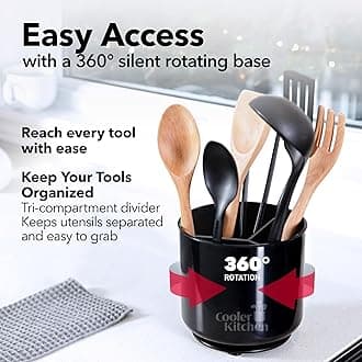 Extra Large and Sturdy Rotating Utensil Holder Caddy with No-Tip Weighted Base, Removable Divider, And Gripped Insert | Rust Proof and Dishwasher Safe by Cooler Kitchen: Black