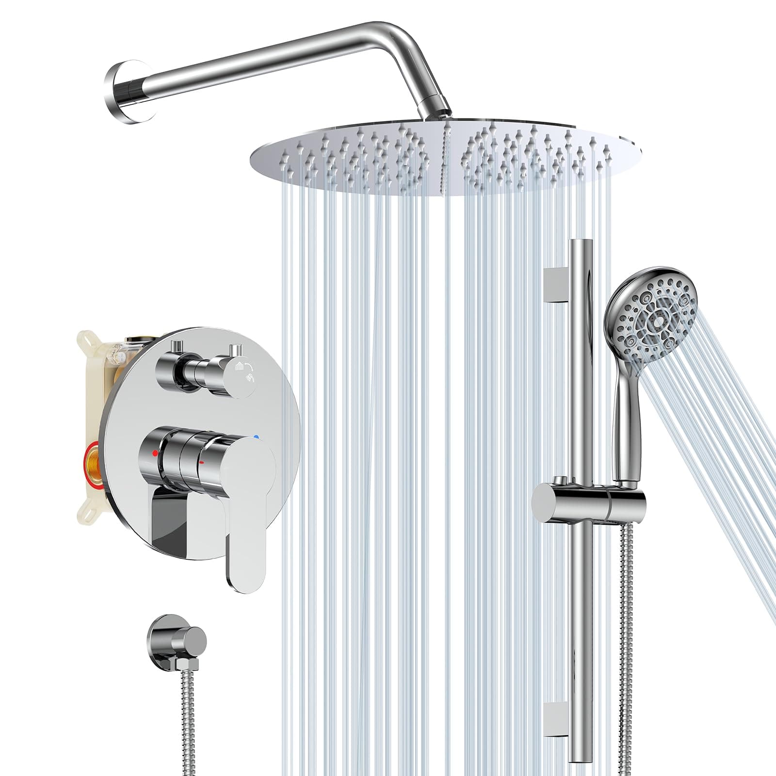 SR SUN RISE 12 Inch Shower System, Slide Bar Shower Faucets Sets Complete Round Shower Heads and 6-Spray Handheld Combo, Wall Mounted Dual Shower Set Included Valve and Trim Kit, Polished Chrome