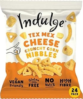 Indulge - Crunchy Corn Nibbles - Tex Mex Cheese Flavour - Gluten Free, Low Salt, Low Fat, Nut Free, Vegan - 20g x 24 bags (20g (Pack of 24), Tex Mex Cheese)