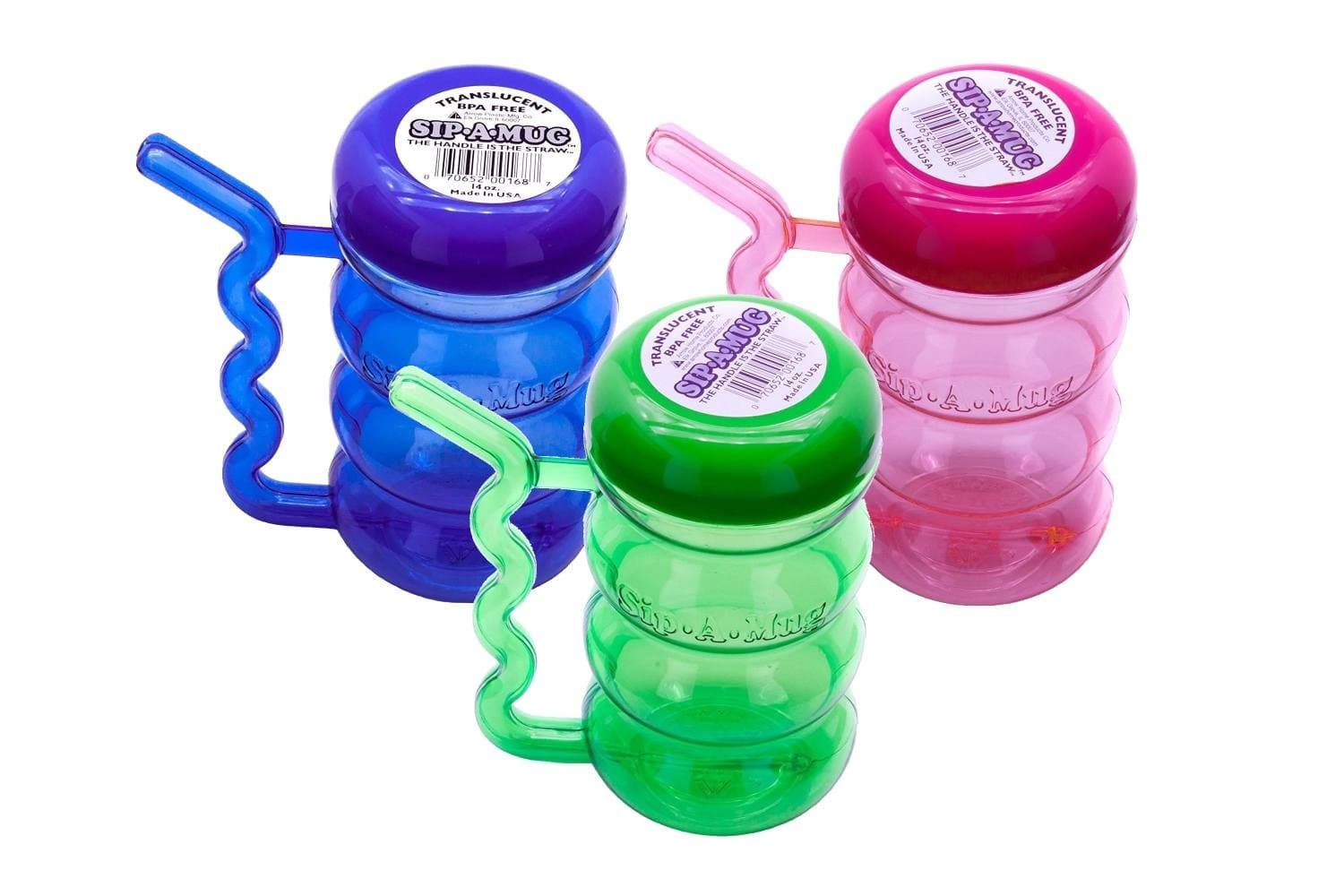 Sip-A-Mug, 14oz, 3 Pack - Neon Pink, Blue & Green - Translucent Plastic Bottle with Built-In Straw Handle