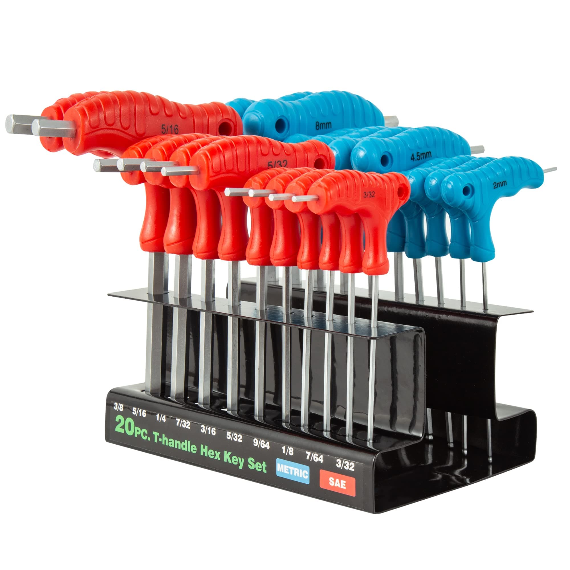 20-piece T-Handle Allen Hex Key Wrench Set, Long Arm Ball-head Design, Metric (2mm-10mm), Imperial (3/32"-3/8")