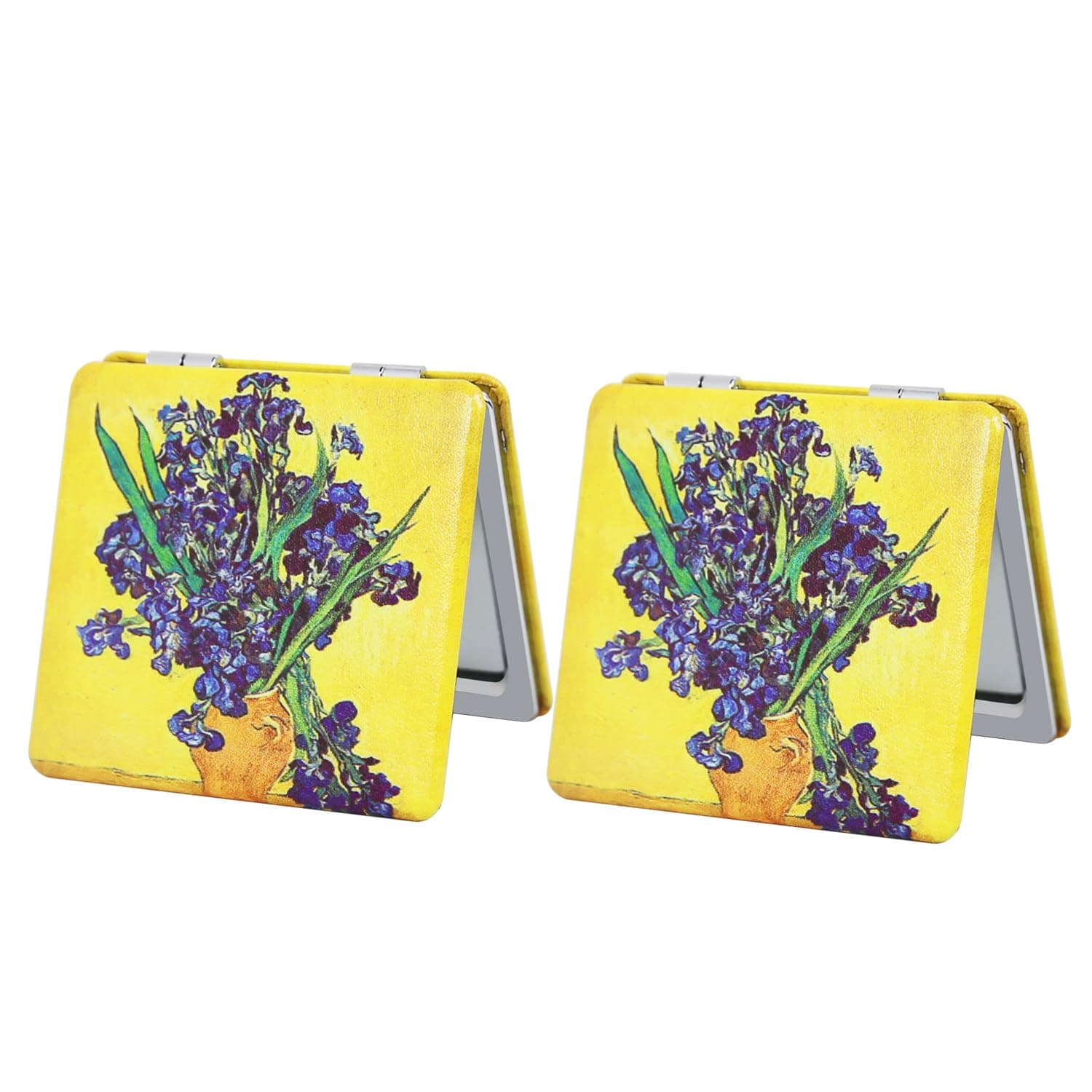 Pocket Mirror for Women, 2 Pcs Square 2.8” PU OilPainting Style Double Sided 1X/3X Mirror for Purse Travel Compact Mirror (OP03)