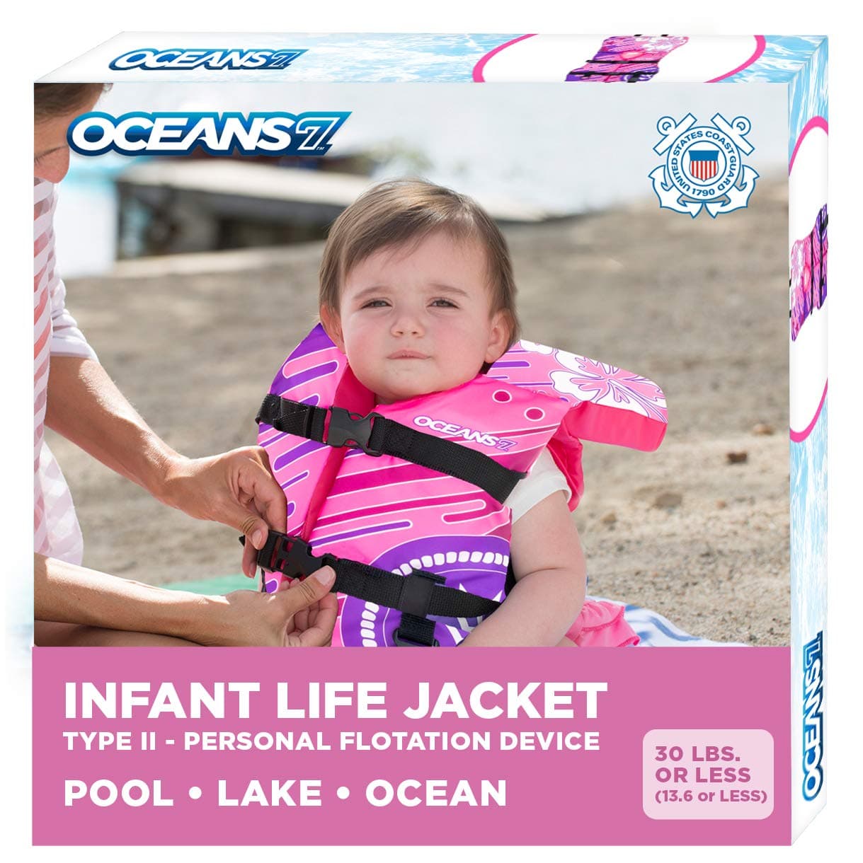 Oceans 7 by Aqua Leisure Personal Flotation Device Life Jacket US Coast Guard Certified and Approved, Comfortable Fit, Quick Drying, Durable, Head Support Infant Swim Vest Type II, 30 lbs or less
