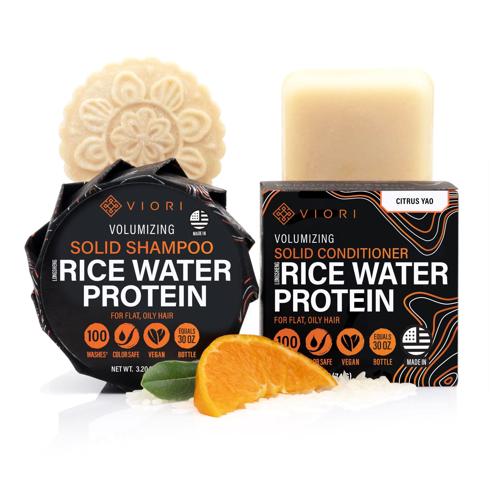 Viori Citrus Yao Shampoo and Conditioner Bar Set Made with Rice Water - Handcrafted Sulfate Free Shampoo and Conditioner