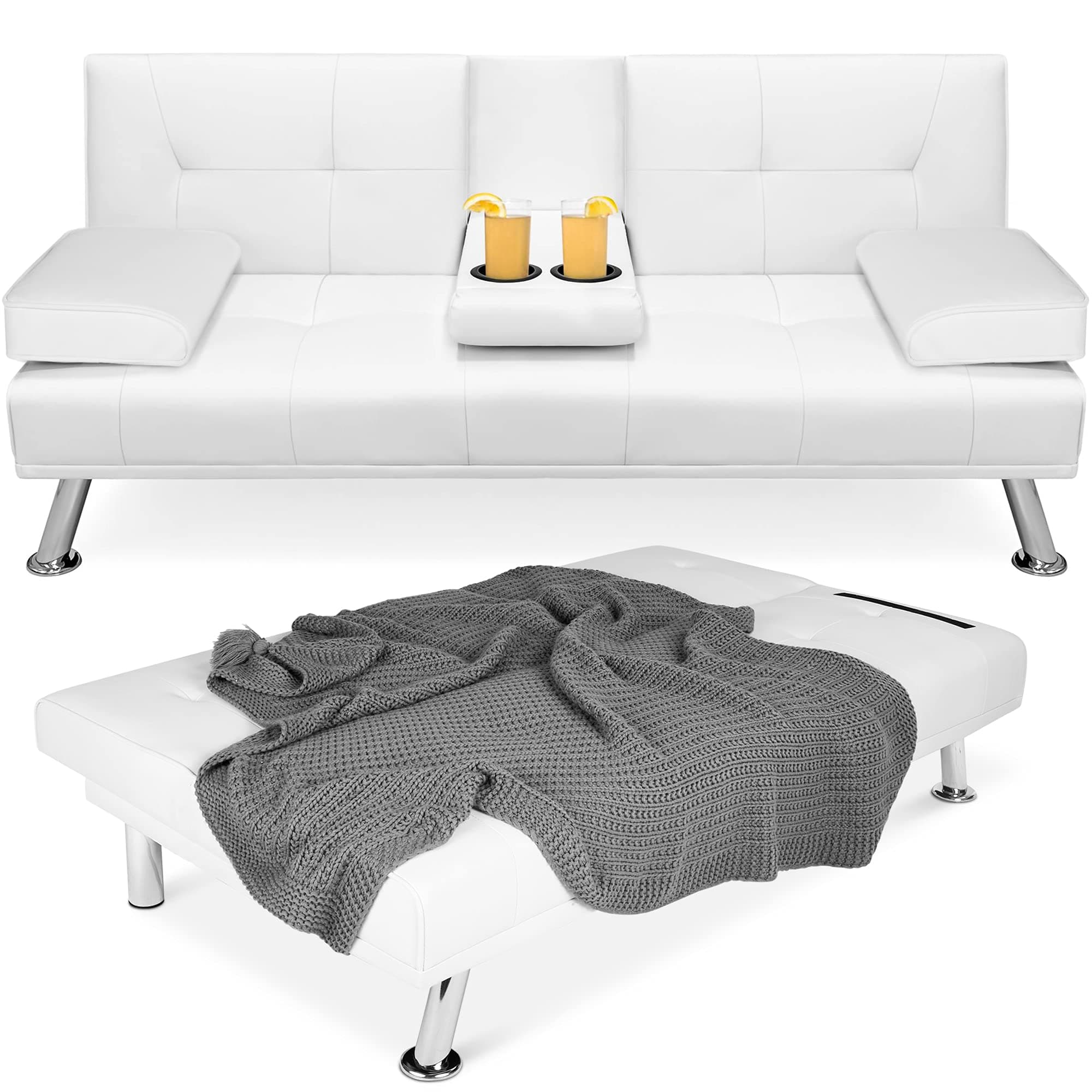 Faux Leather Upholstered Modern Convertible Futon, Adjustable Folding Sofa Bed, Guest Bed w/Removable Armrests - White