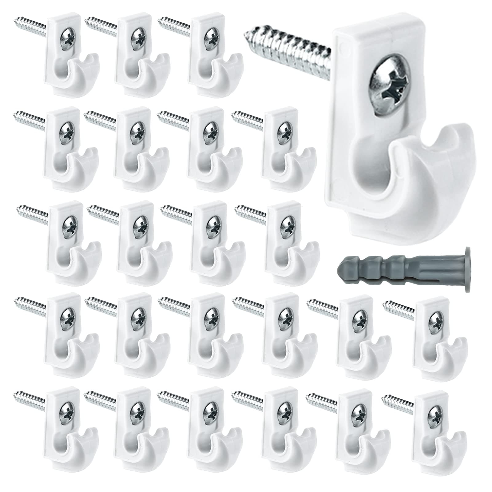 - 24 Pack White Down Wall Clip Closet Shelves Clips Wire Shelf Loop Clip Plastic Heavy Duty Wire Shelf Brackets Included Clips Screws and Expansion Tubes for Wire Closet Shelving
