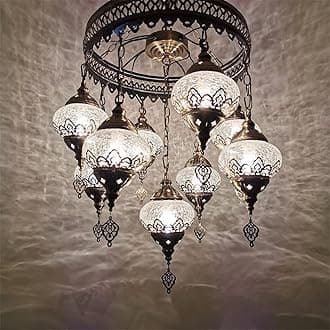 Turkish Moroccan Mosaic Boho Hardwired Chandelier Light Ceiling Hanging Lamp Pendant Fixture Lighting, 9 Big Globes for Bedroom Kitchen Dining Room Bar Living Room Decorative Lighting