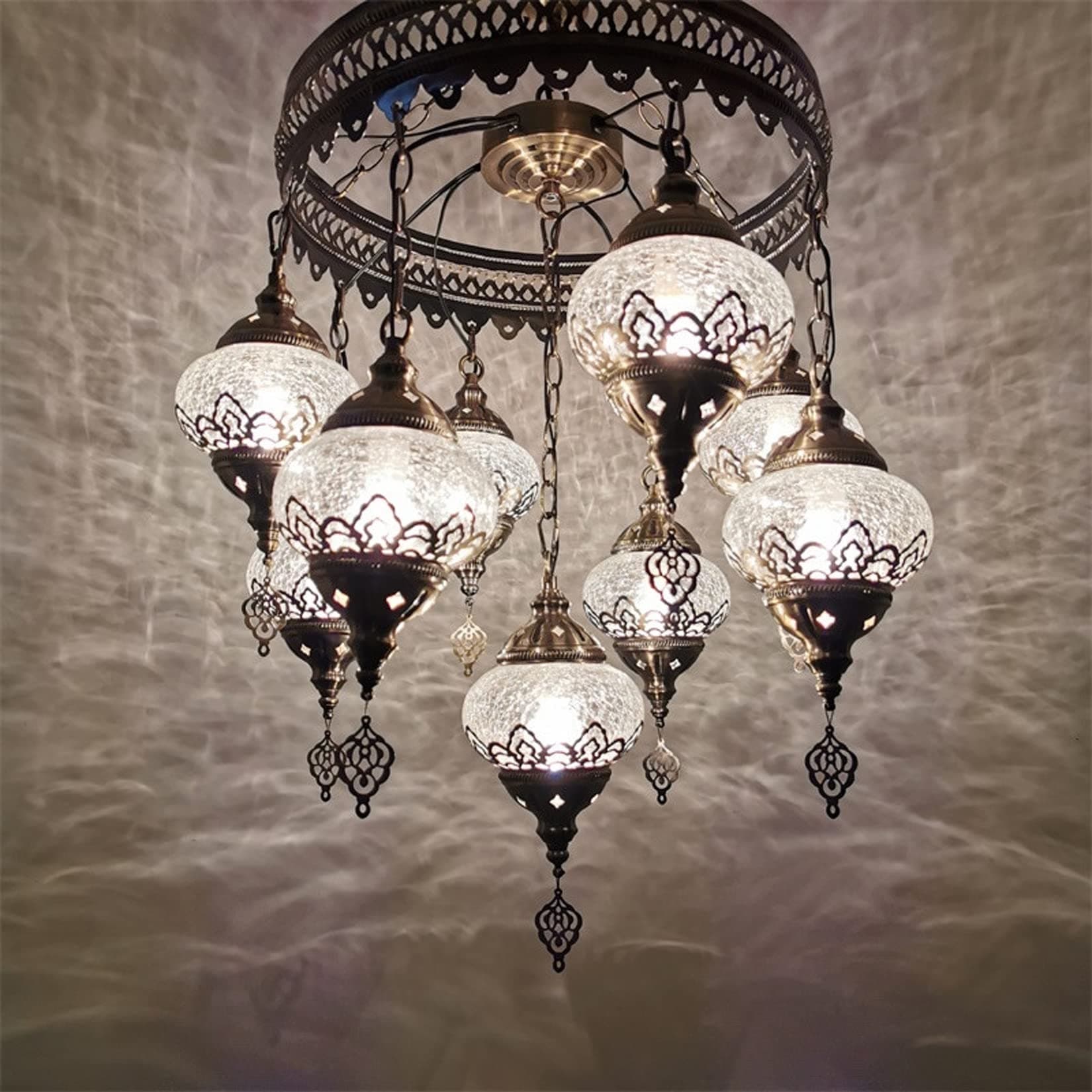 Turkish Moroccan Mosaic Boho Hardwired Chandelier Light Ceiling Hanging Lamp Pendant Fixture Lighting, 9 Big Globes for Bedroom Kitchen Dining Room Bar Living Room Decorative Lighting