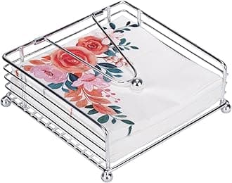 Napkin Holder for Table, Flat Napkin Dispenser with Weighted Arm, Square Cocktail Paper Holder of Elegant Rustic Iron for Kitchen Dining Room Decor Restaurant Farmhouse Hotel Party, Bright Silver