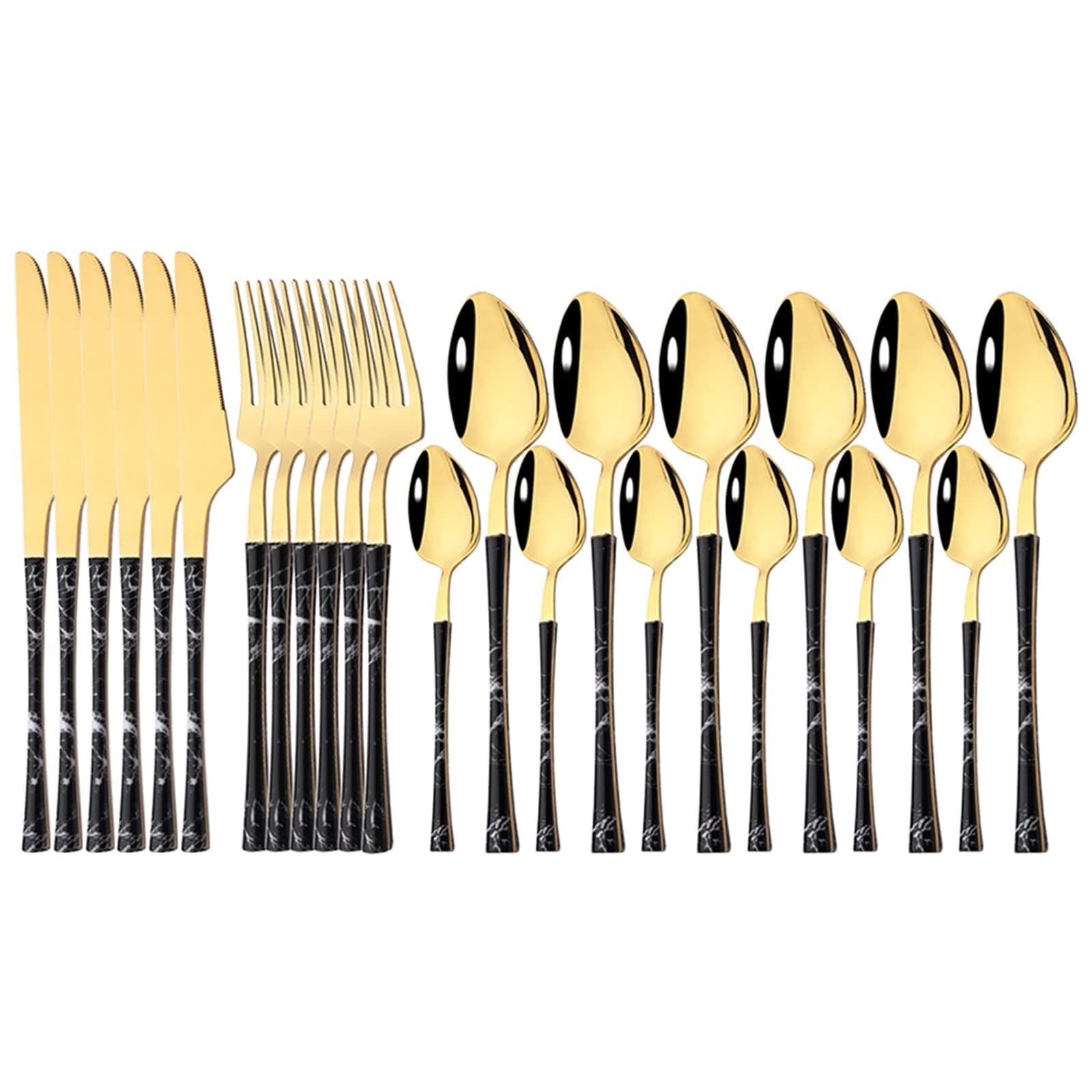 UK_18_Knife 24Pcs Stainless Steel Tableware Creative Handle Cutlery Set Steak Knife Fork Spoon Teaspoon Flatware (Color : XMY Black Gold)