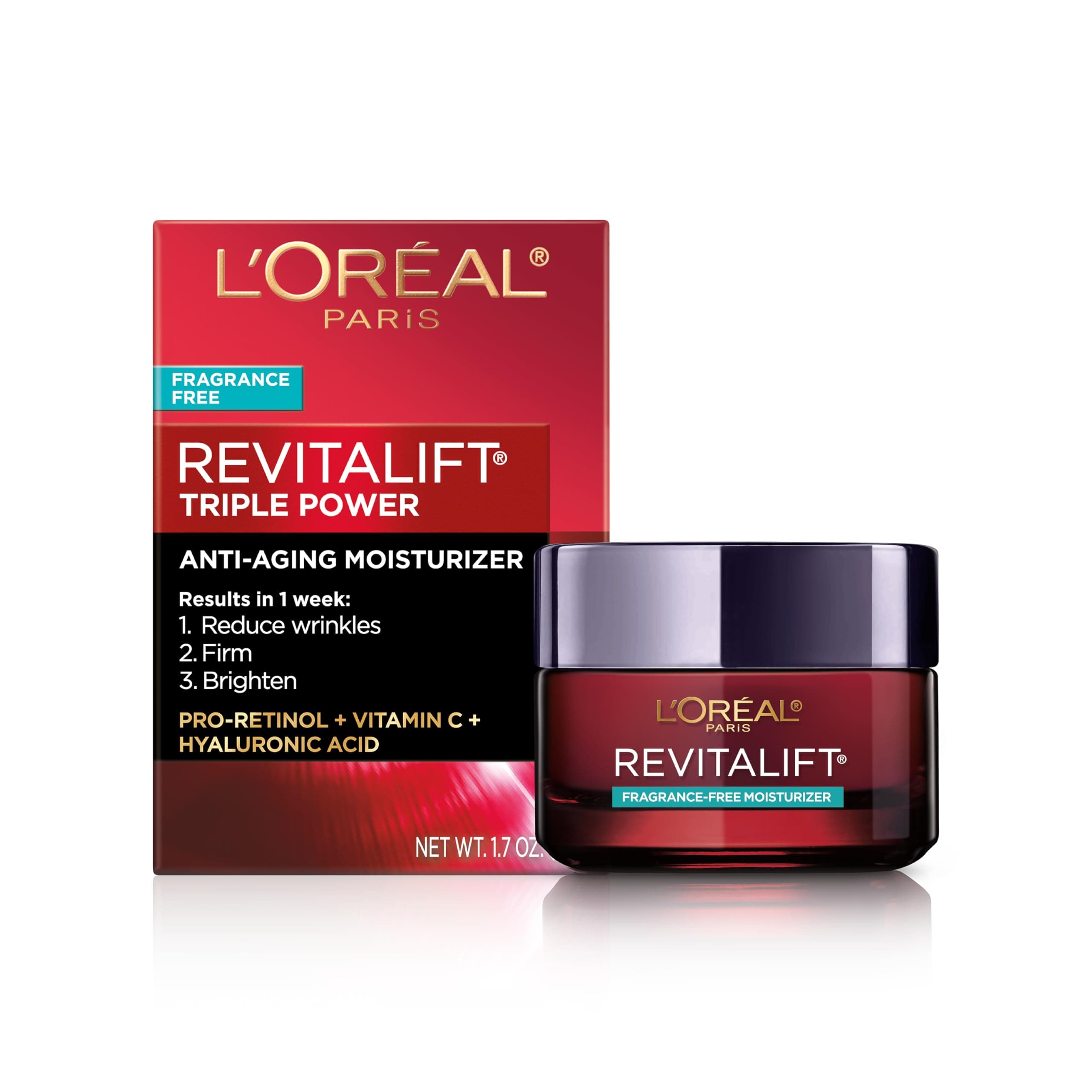 L'OREAL PARIS Revitalift Triple Power Anti-Aging Face Moisturizer, Pro Retinol, Hyaluronic Acid & Vitamin C, Reduce Wrinkles, Fragrance Free 1.7 Oz
