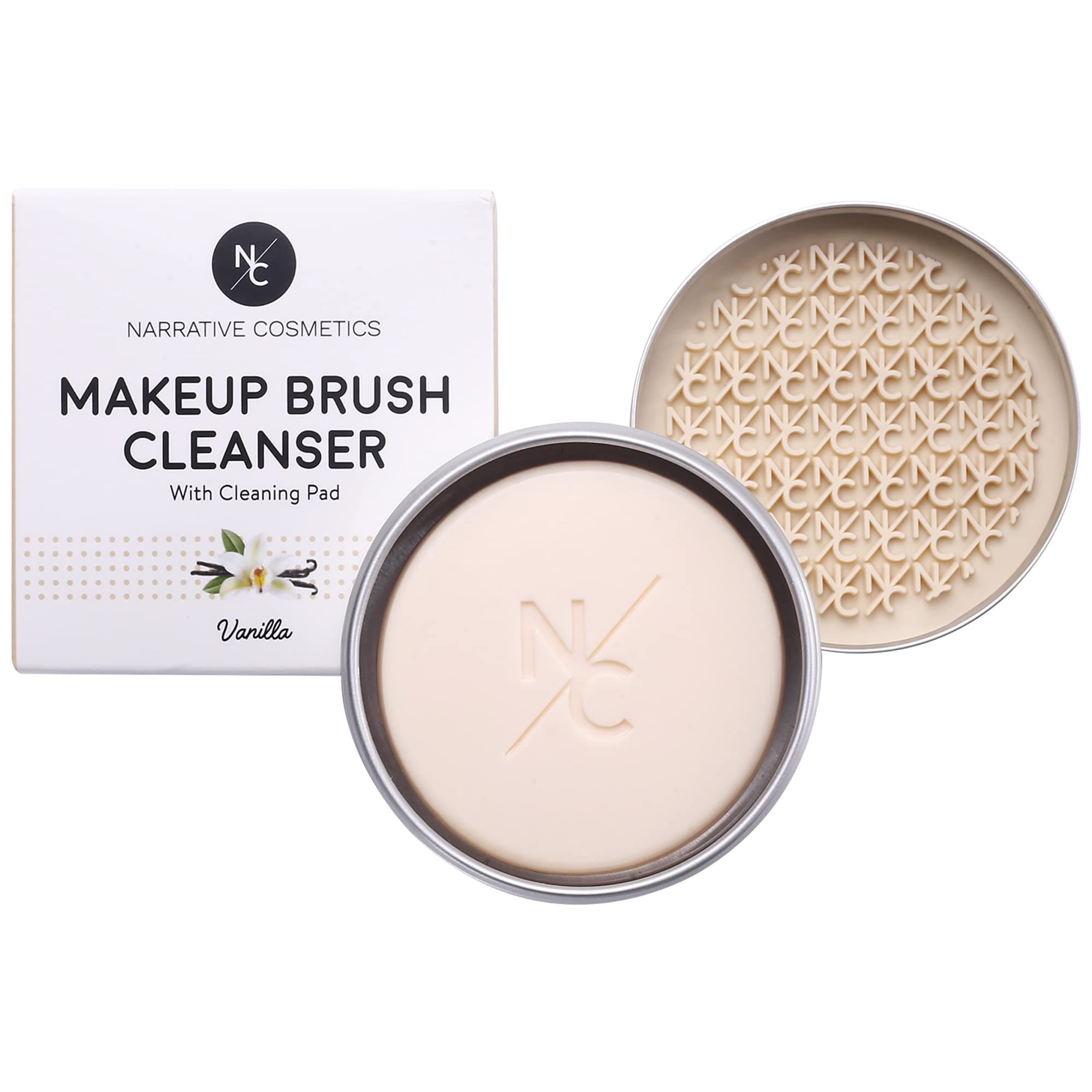 Narrative Cosmetics Makeup Brush Cleaner Soap with Silicone Scrubber Pad | Solid Cleanser for Brushes & Beauty Blenders | Vegan, Cruelty-Free, Avocado Jojoba Argan Oil, Vanilla Scent, 2.45 Oz