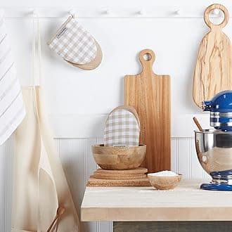 KitchenAid Gingham Mini Oven Mitt 2-Pack Set, Milkshake Tan, 5.5"x8"