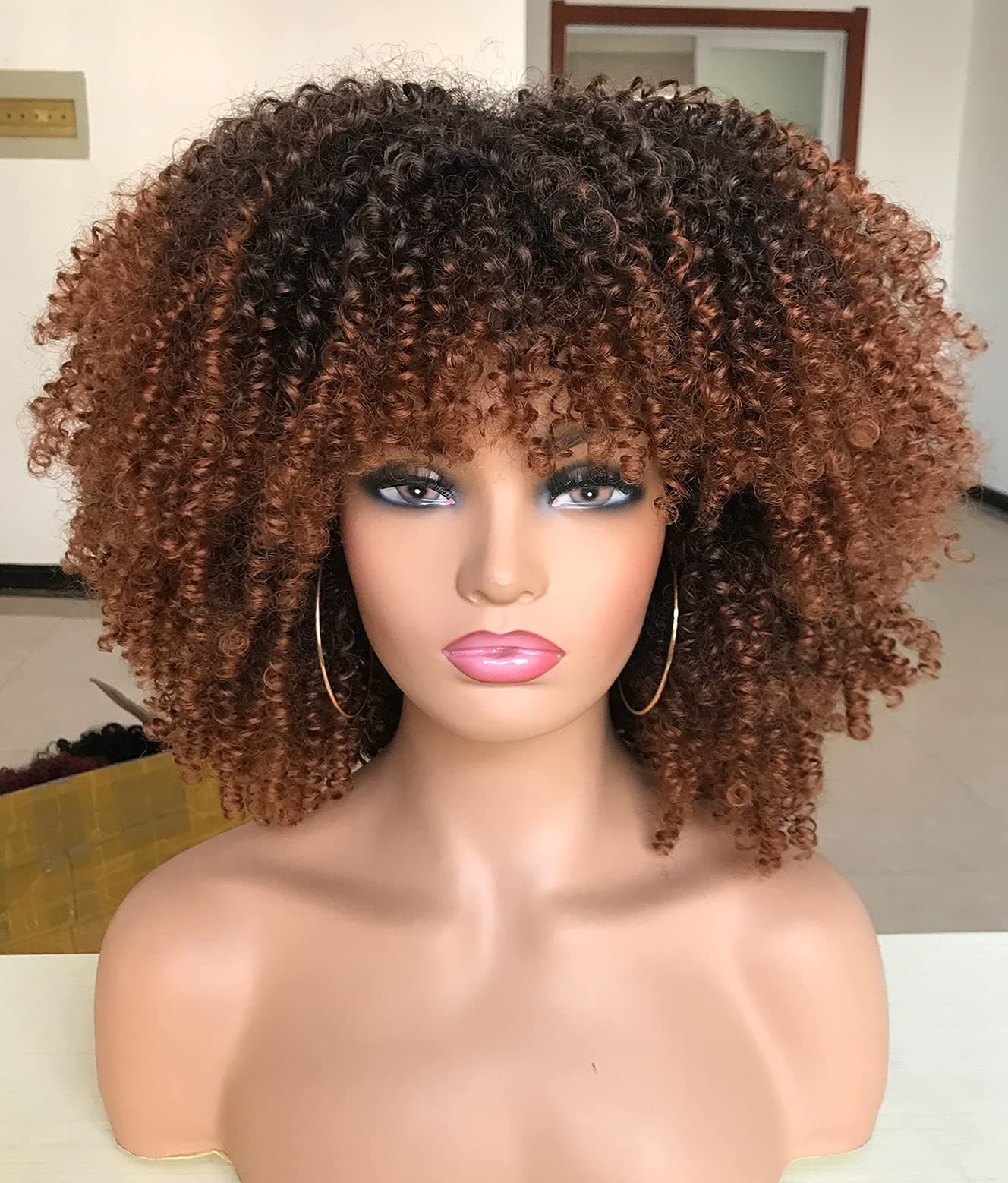 RunM Short Curly Afro Wig With Bangs for Black Women Kinky Curly Wigs 14inch Afro Hair Synthetic Full Wigs（Ombre Brown）