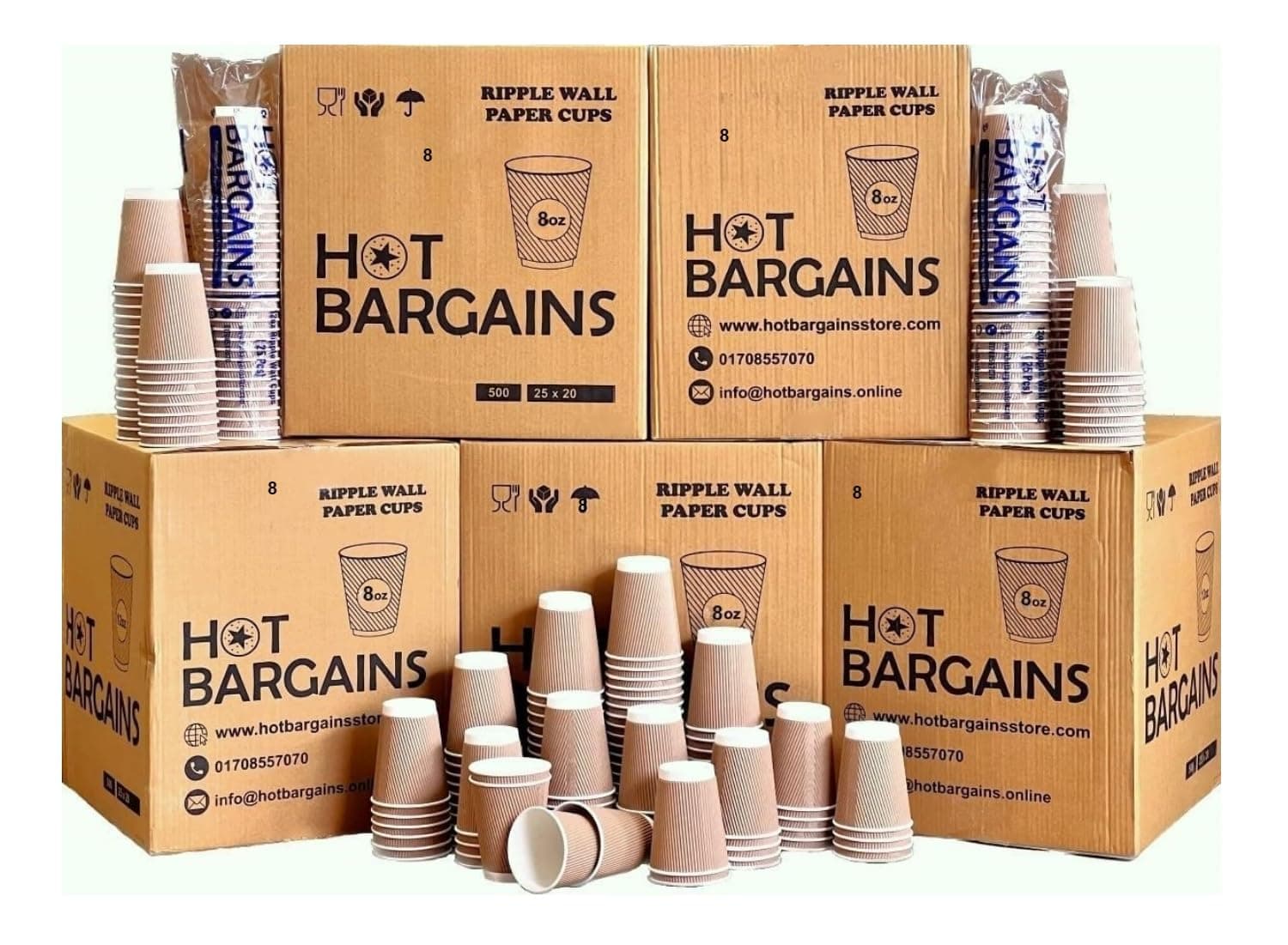 HOT BARGAINS Kraft Paper Coffee Cups 8oz/230ml, Pack of 100, Triple Wall Insulated Hot Drink Cups