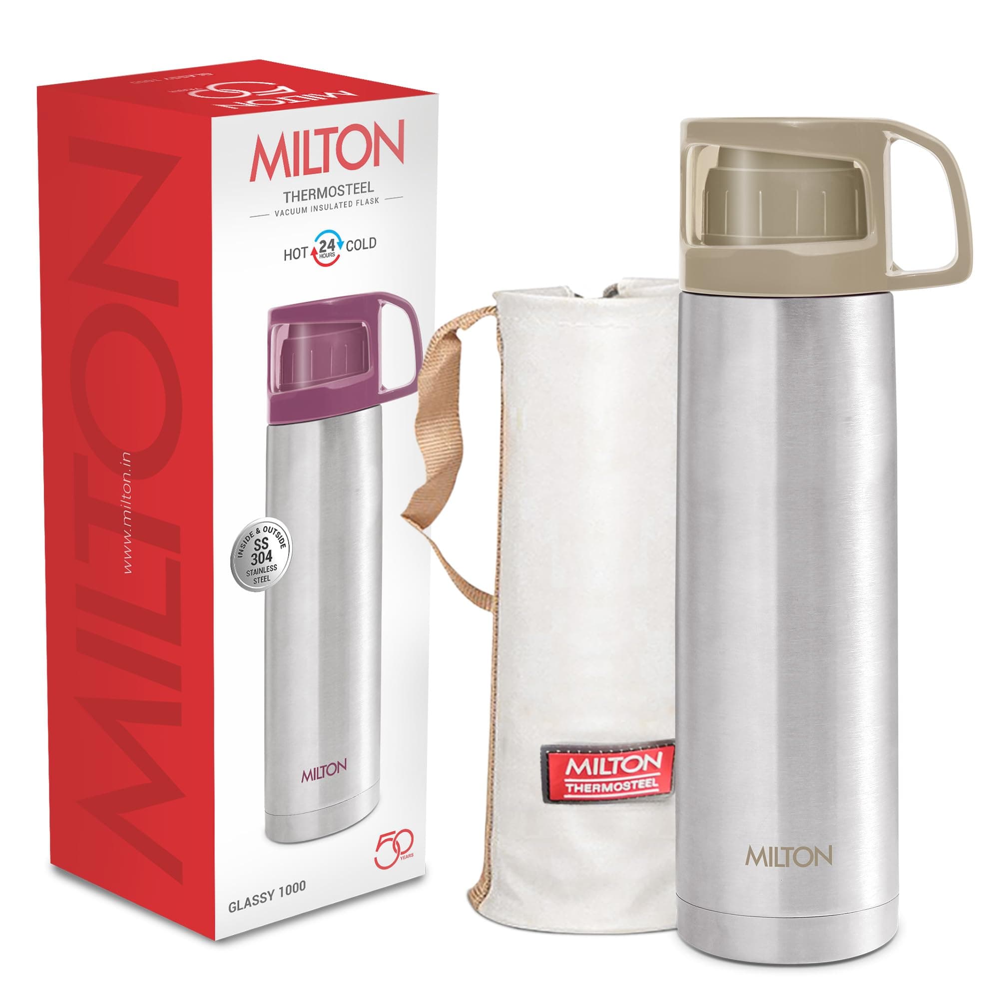 Milton for Hot Drinks 1000 ml (34 oz), 24 Hours Hot and Cold, Stainless Steel Water Bottle, Double Walled Vacuum Insulated Flask for Hot Coffee, Thermosteel, Leak Proof, Glassy, Grey