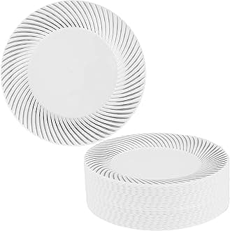 MATANA40 Premium White Plastic Dinner Plates with Silver Rim, 25cm / 9.8 Inch - Elegant & Reusable Party Plates for Weddings, Birthdays, Picnic, BBQ, Parties