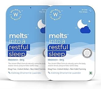 - Wellbeing Nutrition Melts Restful Sleep Strips | Plant-Based Melatonin 10mg for Better Sleep & Stress Relief with Chamomile, Tagara, L-Theanine | Helps You Fall Asleep Fast | 60 Oral Thin Strips
