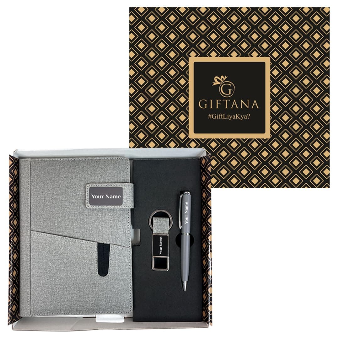 Personalized Diary with Pen and Metal Keychain Gift Set for Men and Women, 3 in 1 Customized Jute Cover Pu Leather Diary Set, New Year Corporate Gift for Employee- Grey,200 Pages