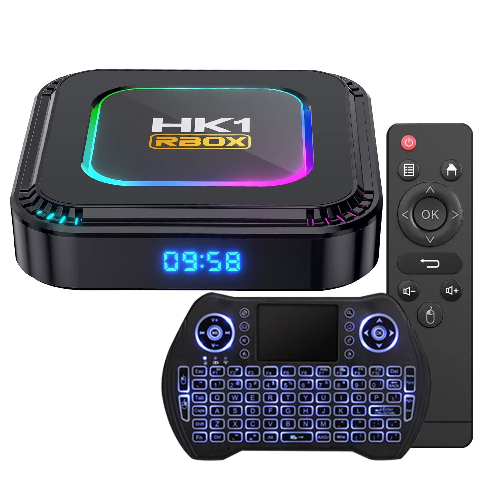 TV Box Android 13.0 4GB RAM 32GB ROM RK3528 WiFi 6 Smart TV Box RGB Light Set Top Box BT5.0 Ultra HD 1080P 4K 8K HLG Mode HDR10+ WiFi 6 USB 3.0 Android Box with Mini Wireless Backlit Keyboard