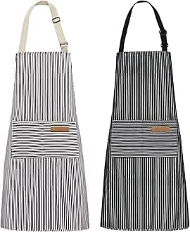 NLUS 2 Pack Kitchen Cooking Aprons, Adjustable Bib Soft Chef Apron with 2 Pockets for Men Women (Brown/Dark Black Strips)
