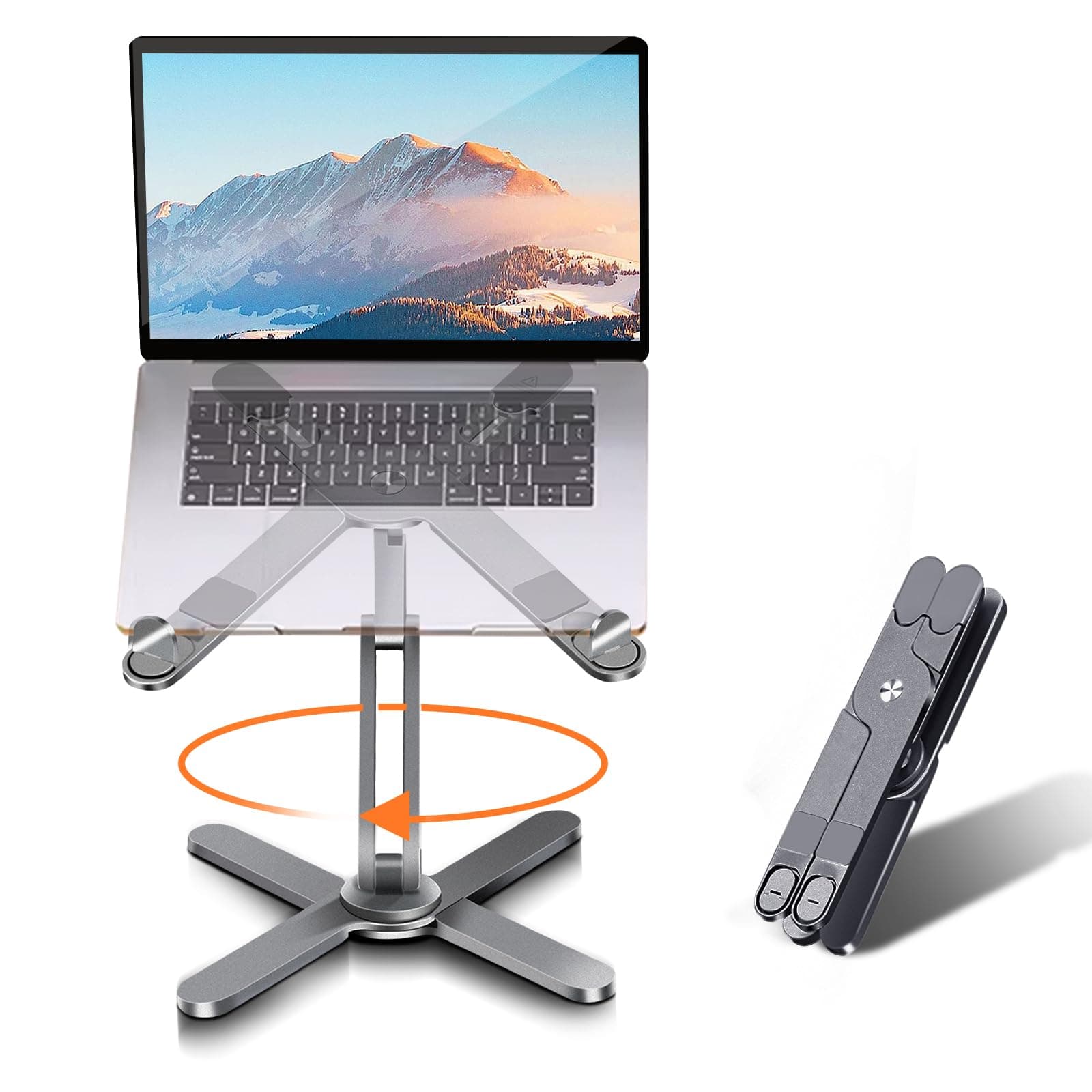 Laptop Stand with 360 Rotating Base, Computer Notebook Laptop Riser Metal Holder for Desk Collaborative Work, Fully Foldable for Easy Storage, Fits All MacBook, Laptops up to 16 inches, Grey