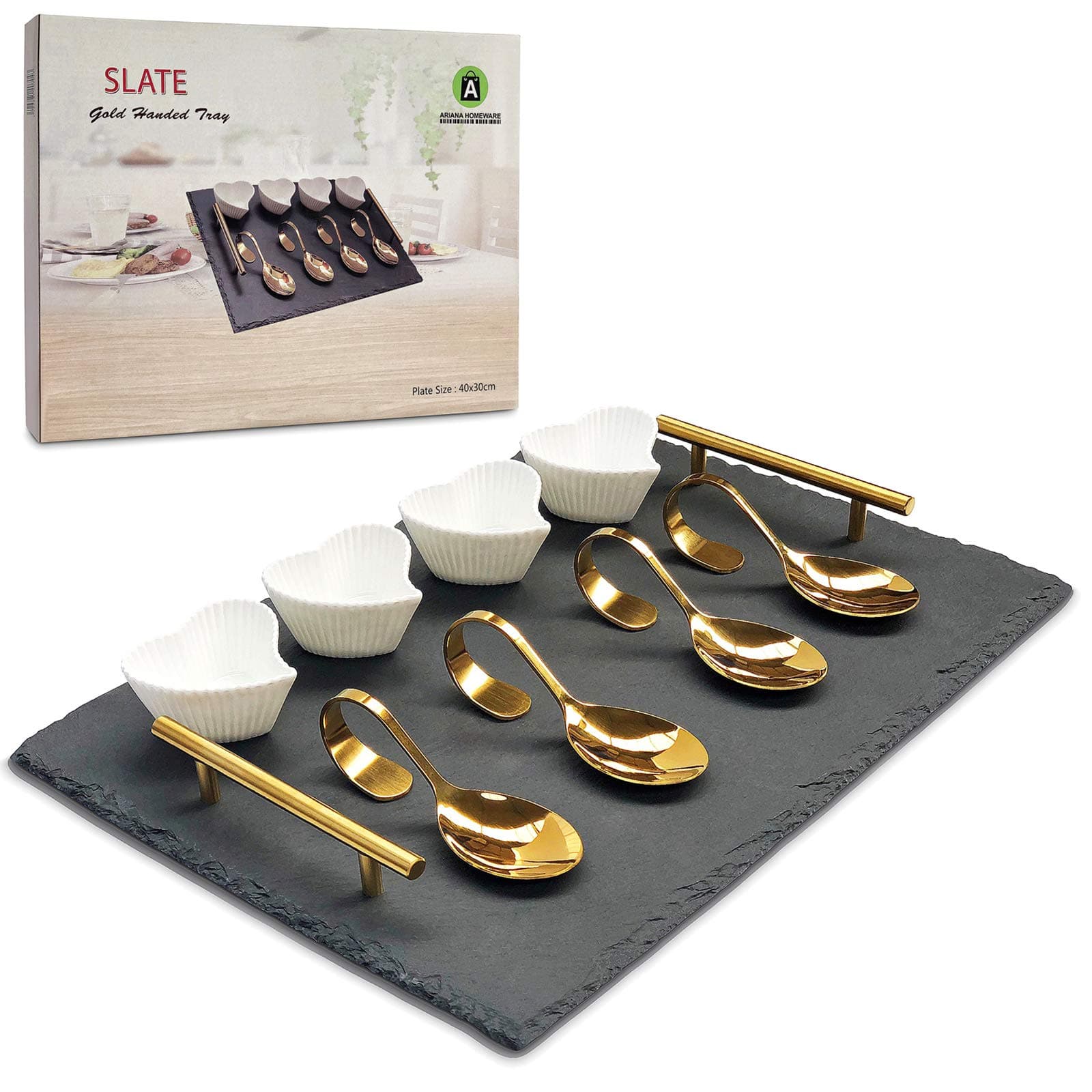 ARIANA HOMEWARE Serving Tray Set, 4 X Spoons, 4 X Heart Shape Cookie/Snack Bowl - Golden Handle, Golden Spoons, Natural Slate Food Serving Cheese Platter Dessert Board Dinner (30 X 40)