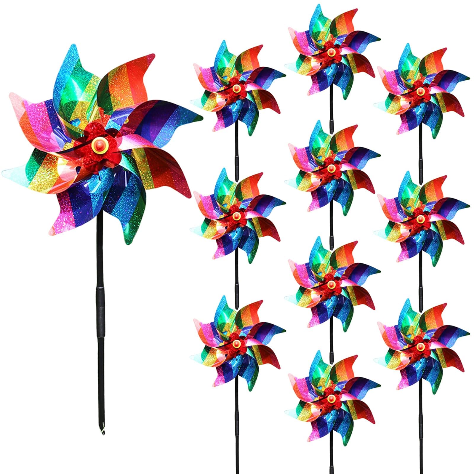 10 Pieces 9.5 Inches Rainbow Pinwheels Windmill Wind Spinners Outdoor for Yard Garden Lawn Bird Repellent, Plastic Foil Reflective Colorful Pin Wheels for Rainbow Pride Decorations