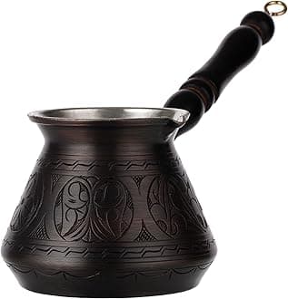 DEMMEX 15 Oz Thickest Copper Turkish Greek Arabic Coffee Pot, Stovetop Coffee Maker, Cezve Ibrik Briki with Wooden Handle & Spoon, Hand Engraved (Antique Copper, 6 Servings)