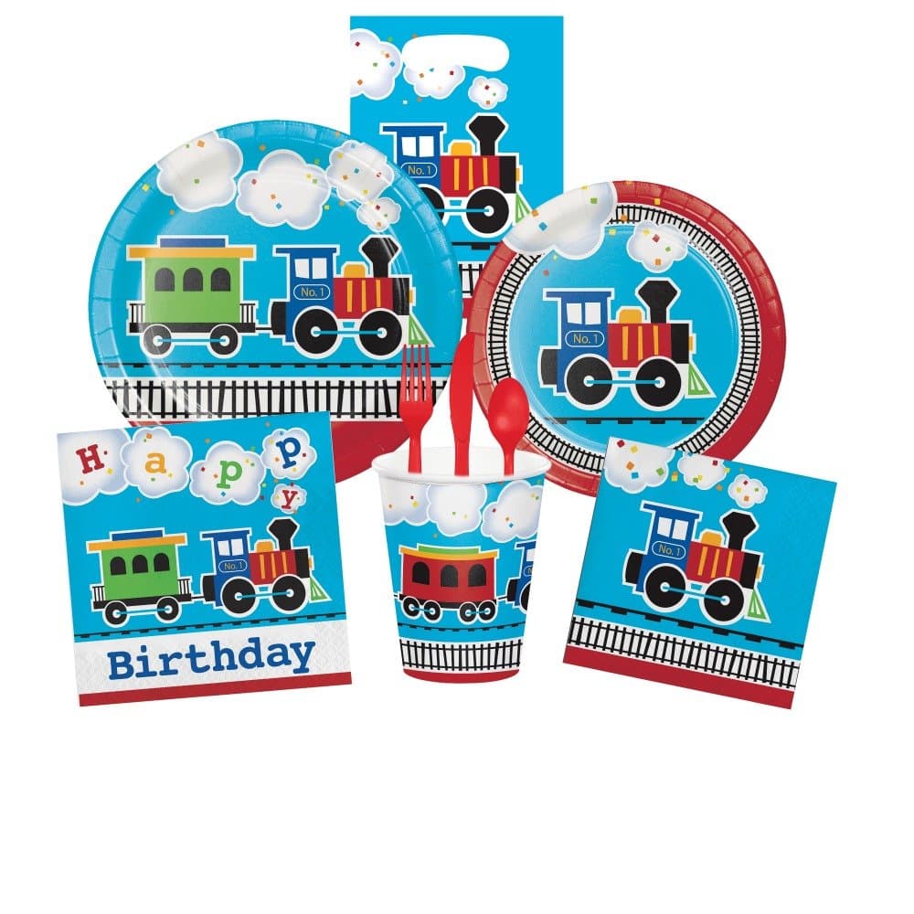 Choo Choo Train Birthday Party 88pc Supply Bundle! All Aboard Theme Includes - Dinner Plates, Luncheon Plates, Luncheon Napkins, Beverage Napkins, Cups, Loot Bags and Silverware for 8 Guests.