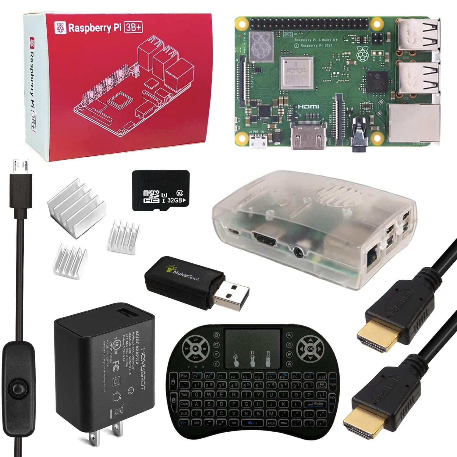 Raspberry Pi 3 B+ Model B Plus Starter Kit w/Mini Wireless Keyboard 5v3a UL Listed Charger HDMI Cable Heat Sink, 32GB MicroSD Card