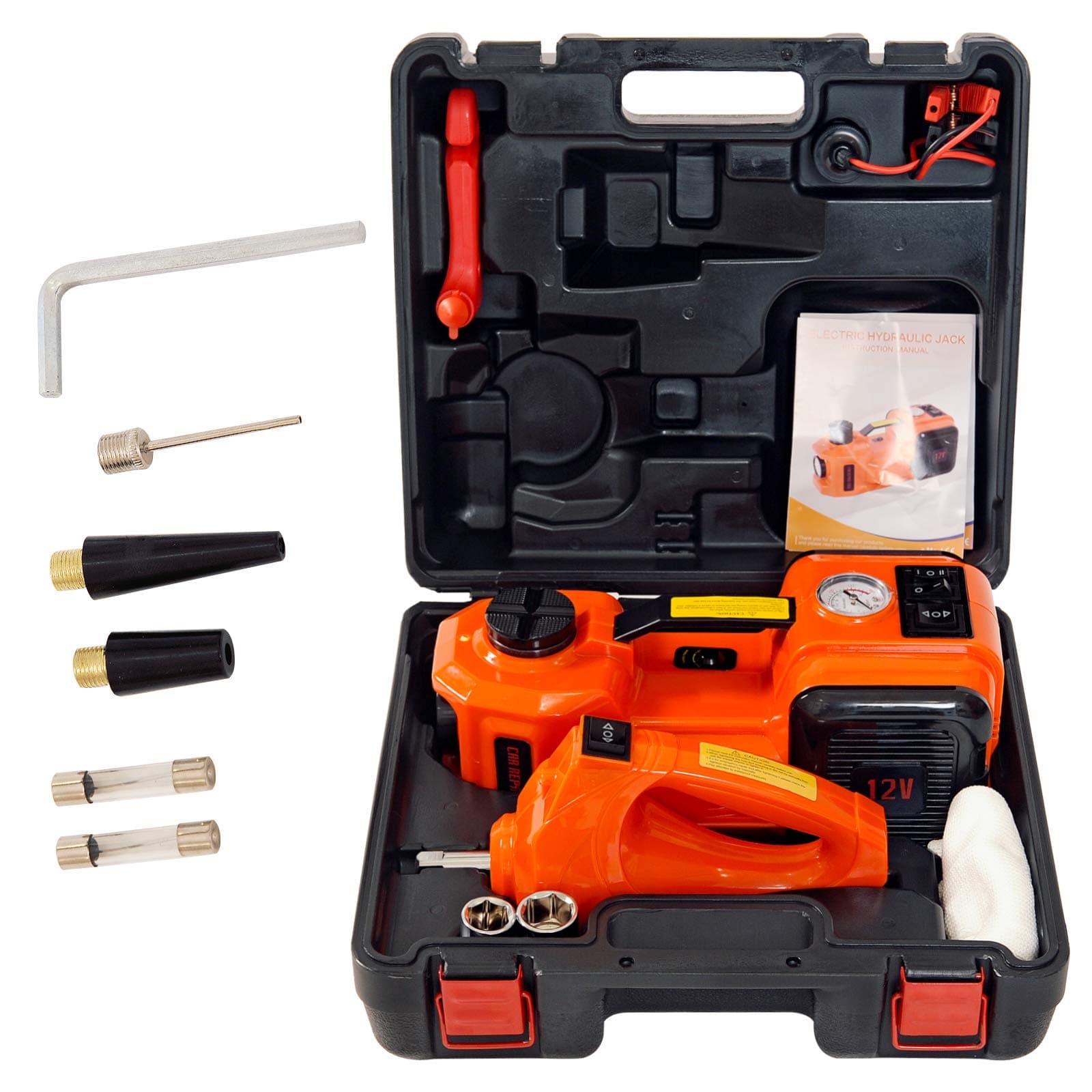 Electric Hydraulic Car Jack 5 Ton 12V with Built-in Tire Inflatable Pump LED Light 2Ways Car Power Supply Safety Hammer for Car Tire Repair Tool Kits 2years warranty by 360° Light