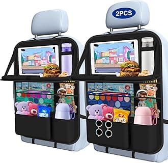 Car Backseat Organizer with Table Tray((2-Pack)) 9 Storage Pockets Backseat Car Organizer and storage with Tablet Holder, Kick Mats Back Seat Cover for Kids family Road Trip Essentials Travel
