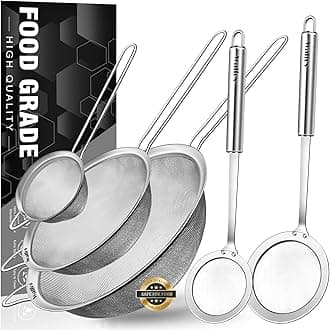 Walfos Fine Mesh Strainer and Fat Skimmer Spoon Set, Multipurpose Metal Strainers for Kitchen, Rice, Quinoa, Food, 304 Stainless Steel Fat Skimmer For Cooking, Fat, Grease, Floating Foam, 5 Pack