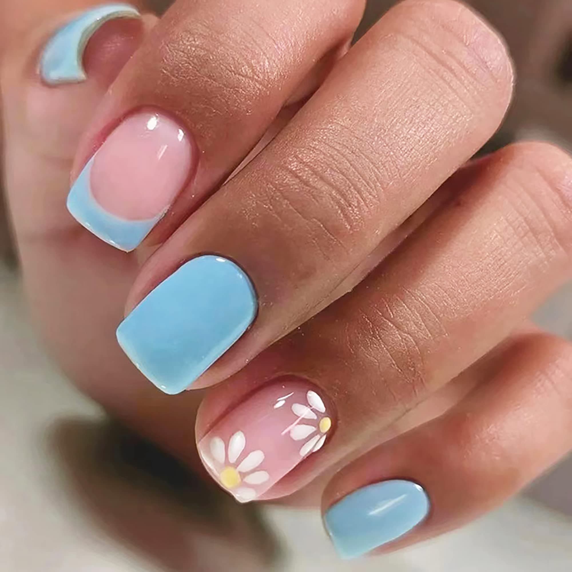 French Tip Press on Nails Short Square Fake Nails Full Cover False Nails with White Flower Design Spring Summer Cute Press on Nails Artificial Nails Glossy Glue on Nails Stick on Nails for Women 24Pcs