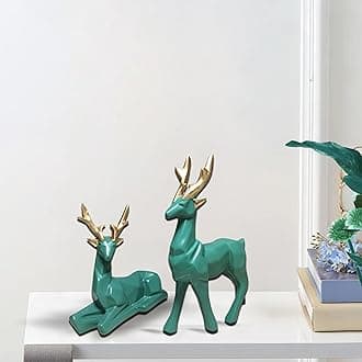 Indulge Homes® Green Matte Poly Resin 'Lucky Deer Family' Showpiece Deer Statue Figurine for Home Decor Living Room Office Home 6 Inches - Set of 2