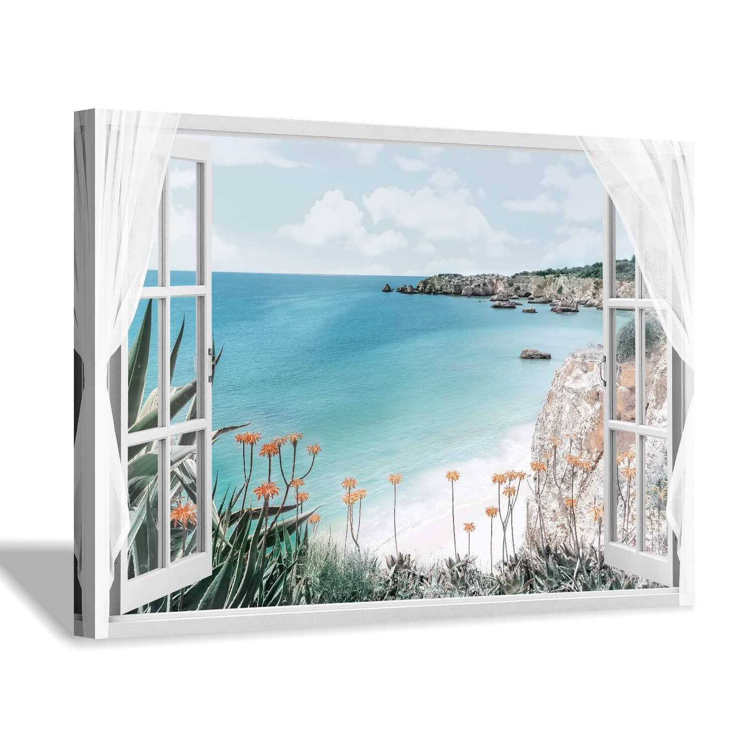 Window Canvas Art Sea Picture: Open Window into Blue Ocean with Beach Wall Art Coastal Artwork for Bedroom (36'' x 24'' x 1 Panel)