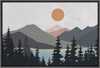 SIGNFORD Framed Canvas Print Wall Art Woodland Nursery Decor Pastel Mountain Pine Tree Lake Nature Wilderness Modern Art Decorative Boho Relax/Zen for Living Room, Bedroom, Office - 24"x36" Black