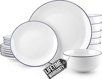 Zulay Kitchen Icon Porcelain Dinnerware Set, Service For 6 - Chip & Scratch Resistant White Plates And Bowls Sets - Microwave & Dishwasher Safe - White With Blue Rim