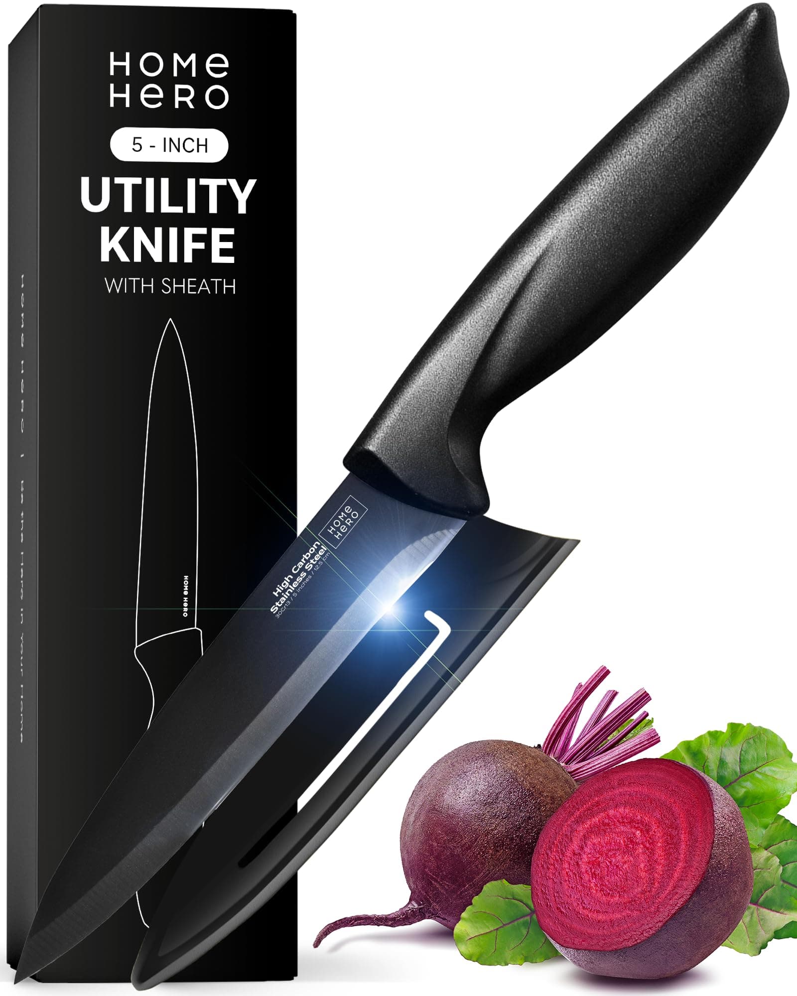 Home Hero 2 Pcs Vegetable Knife with Sheath - High Carbon Stainless Steel Chopping Knife with Ergonomic Handle - Razor-Sharp Multi-Purpose Kitchen Knife for Chopping Vegetable and Cooking (Black)