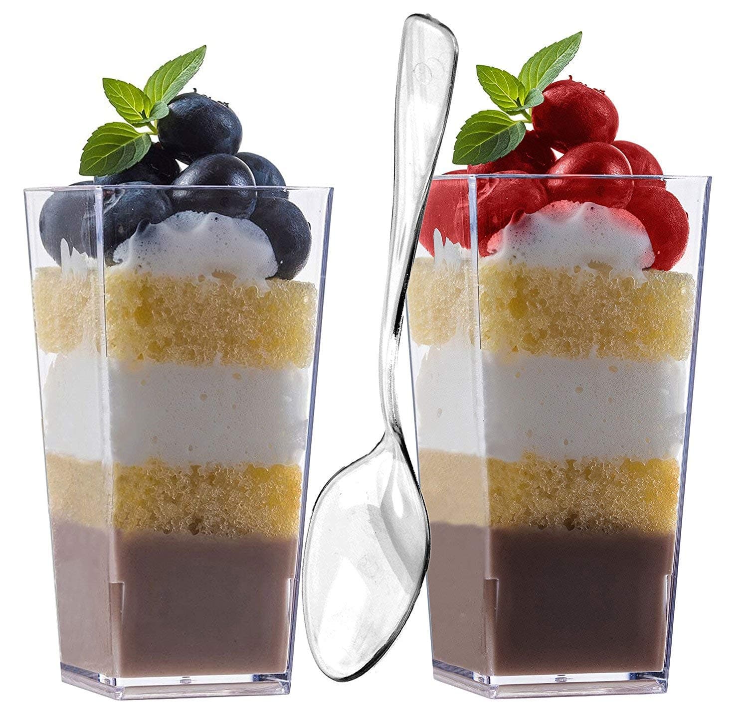 100 3oz Mini Dessert Cups & 100 Tasting Spoons Tall Square Clear Plastic Dessert Glasses Disposable Shot Glass Tumbler Shooter Cups Parfait Glasses Sample Appetizer Bowls Trifle Bowl 3 oz