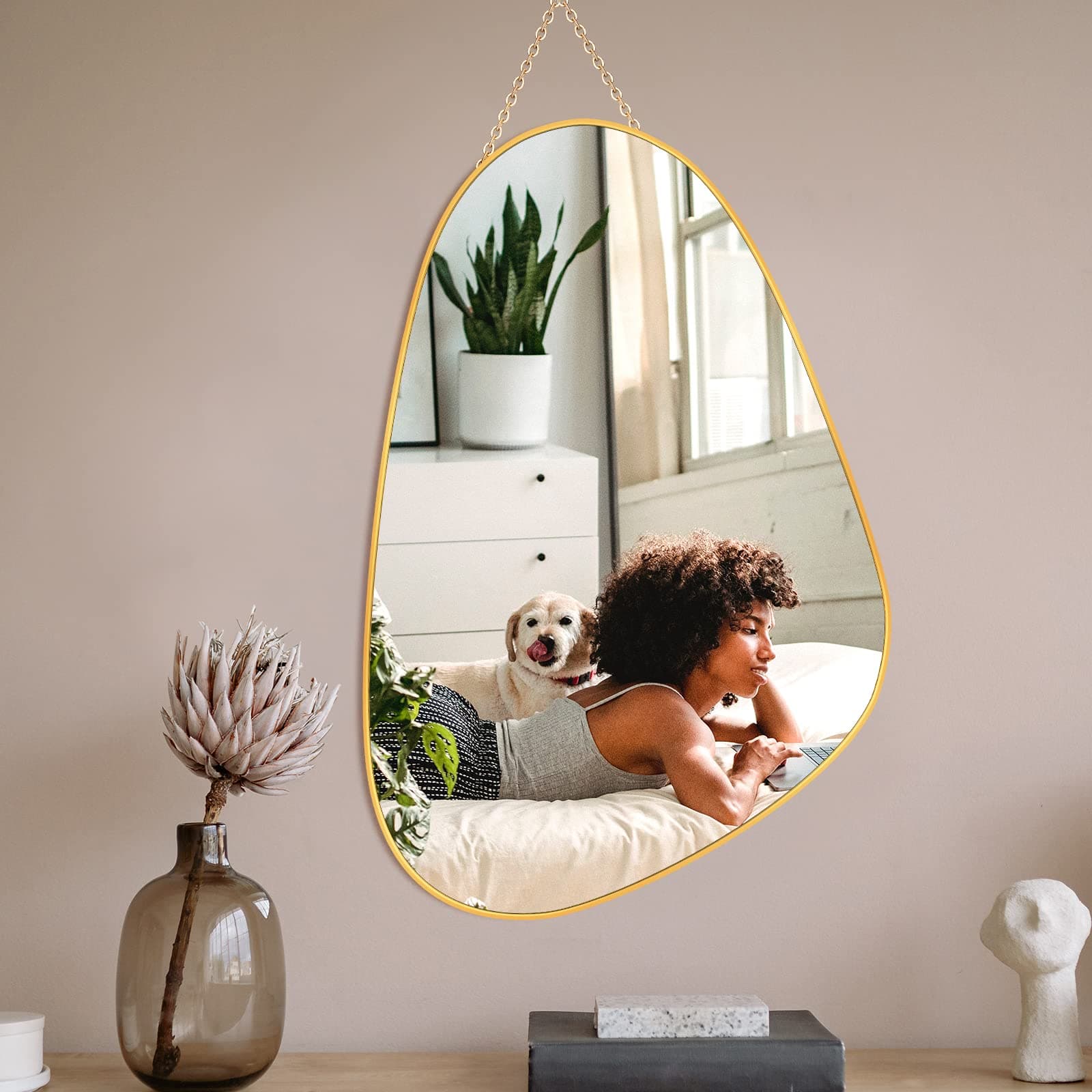Irregular Gold Mirror Brass Framed, 30x20” Asymmetrical Wall-Mounted Mirrors for Living Room Bathroom Bedroom Entryway, Modern Vanity Hanging Mirror, Aesthetic Wall Decor
