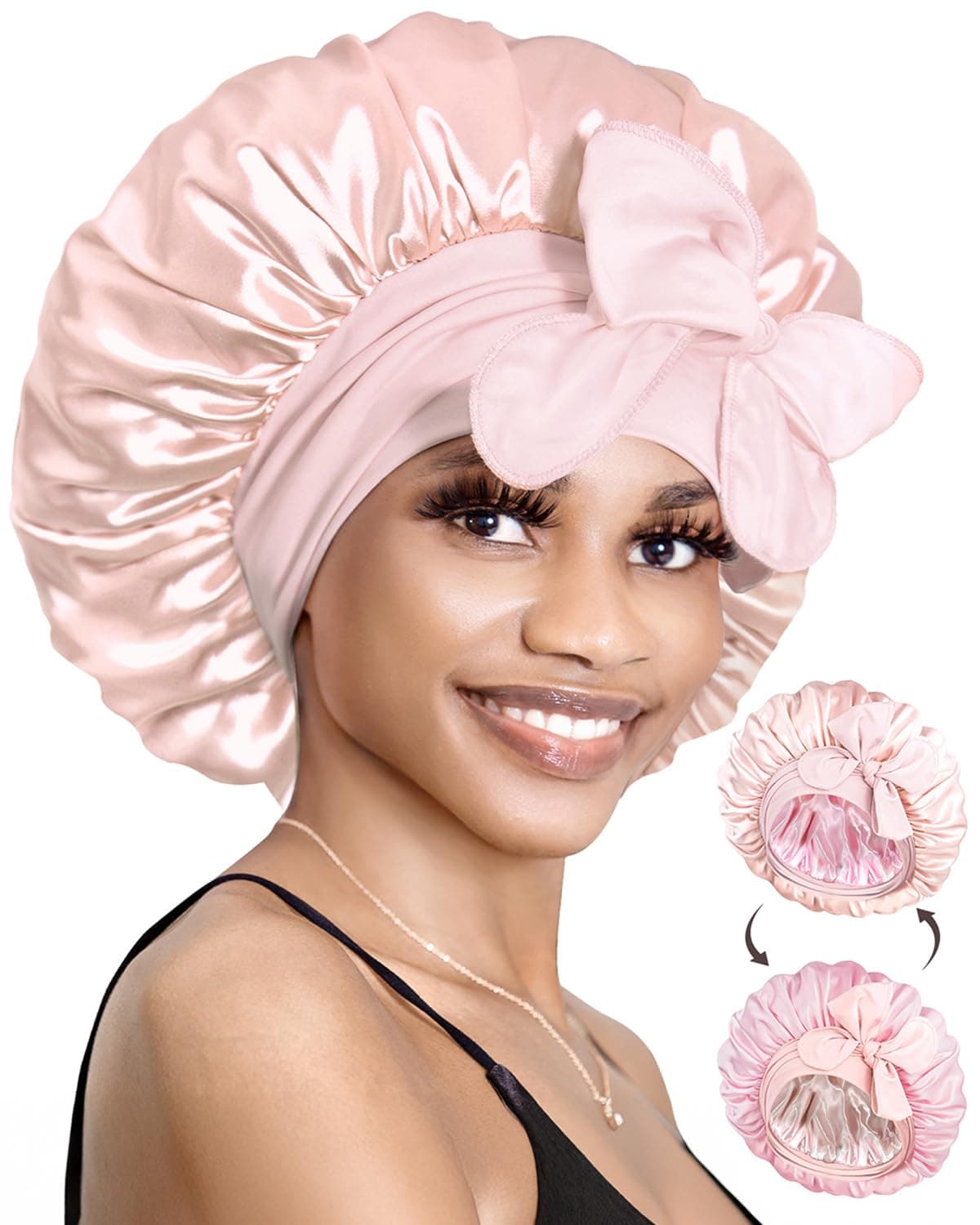 BONNET QUEEN Silk Bonnet for Sleeping Satin Bonnet with Tie Hair Wrap Double Layer Sleep Cap for Women Curly Hair, Jade Pink