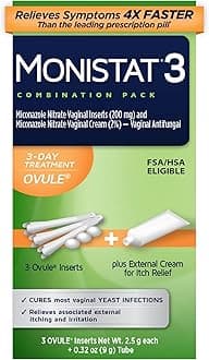 Monistat 3 Day Yeast Infection Treatment for Women, 3 Miconazole Ovule Inserts and External Monistat Anti-Itch Cream Bundle