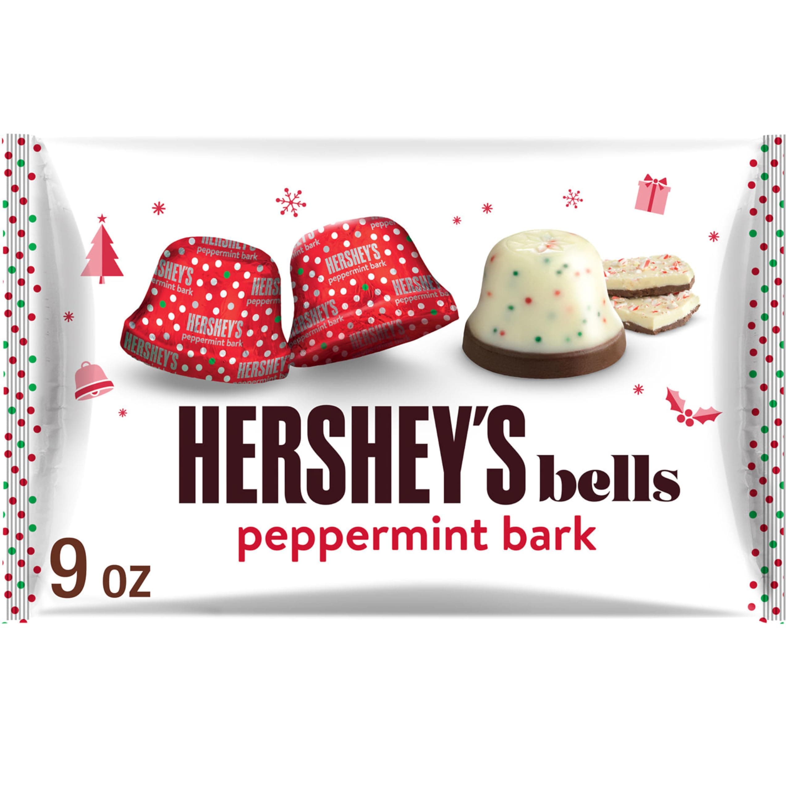 HERSHEY'S Peppermint Bark Bells, Christmas Candy Bag, 9 oz