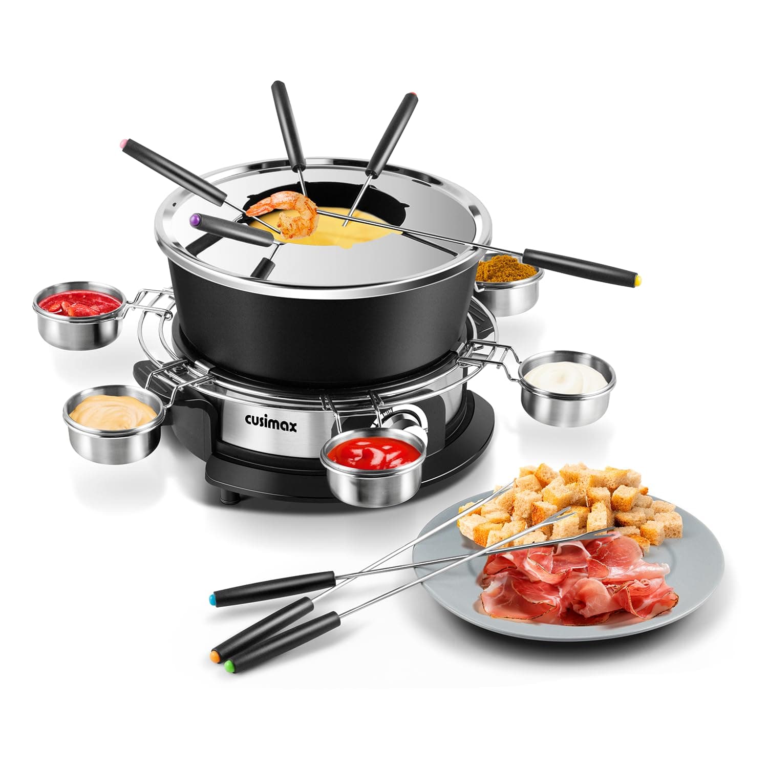 CUSIMAX Electric Fondue Set with 1300W Power Temperature Control for Cheese,Chocolate,Oil and Broth, 2L Non-Stick Electric Fondue Pot with 8 pcs Forks,6 pcs Cups and Removable Anti-Scald Handle