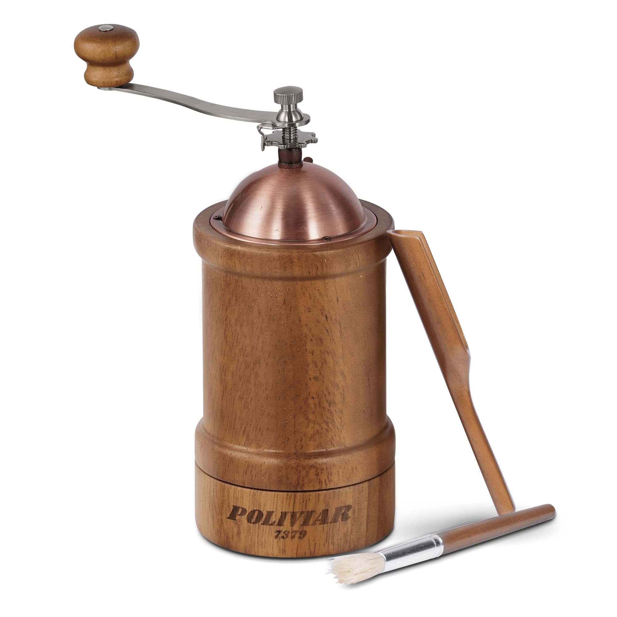 POLIVIAR Manual Coffee Grinder, Coffee Bean Grinder with Adjustable Ceramic Burr, Vintage Style Wooden Hand Coffee Grinder, Large Capacity Burr Coffee Grinder with Brush and Spoon (JX2022-CG20)