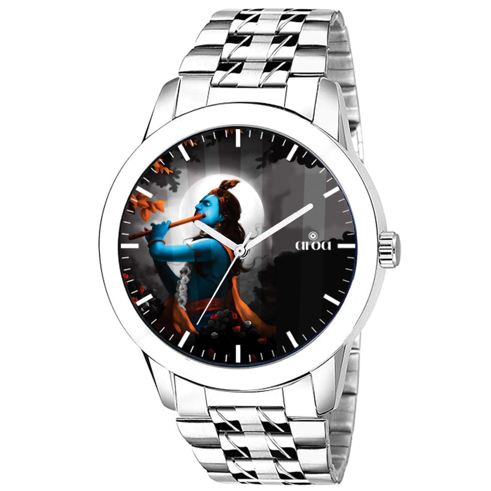 AROA Watch for Men with Krishna God Moonlit Watch Model :SS/71/203 in Steel Metal Type Stainless Steel Strap Analog Watch Black Dial for Men Stylish Watch for Boys